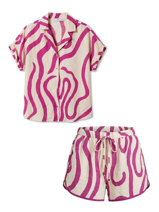 Mango Other - MNG Mango Linen Blend PJ Set Abstract Pink Wavy Stripe Pajama Loungewear XS 4